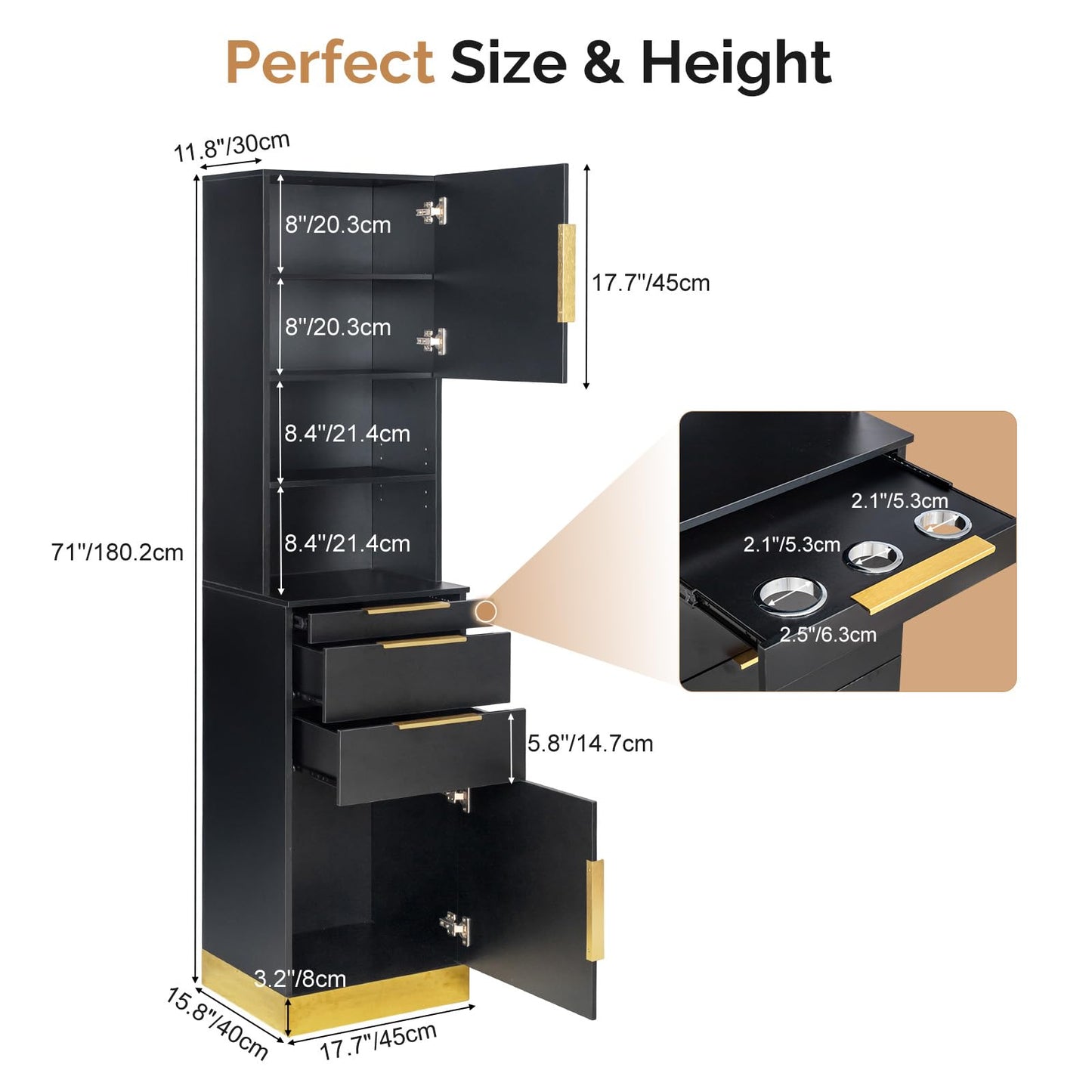 OmySalon Salon Stations for Hair Stylist, Barber Station with Storage Cabinet & Drawers & Hair Dryer Holders, Modern Beauty Salon Spa Equipment for Barbershop, Black Gold