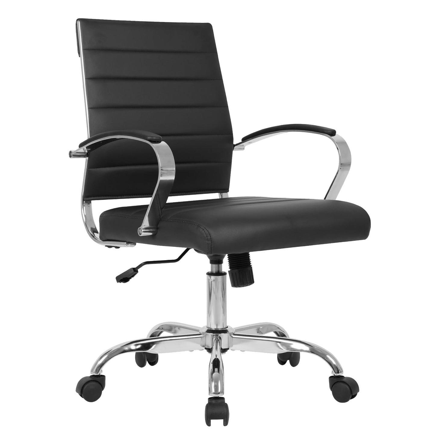 LANDSUN Home Office Chair Mid Back Desk Chair PU Leather Ribbed Executive Swivel Computer Chair with Wheels and Armrests Soft Padded Adjustable Height Conference Task Black