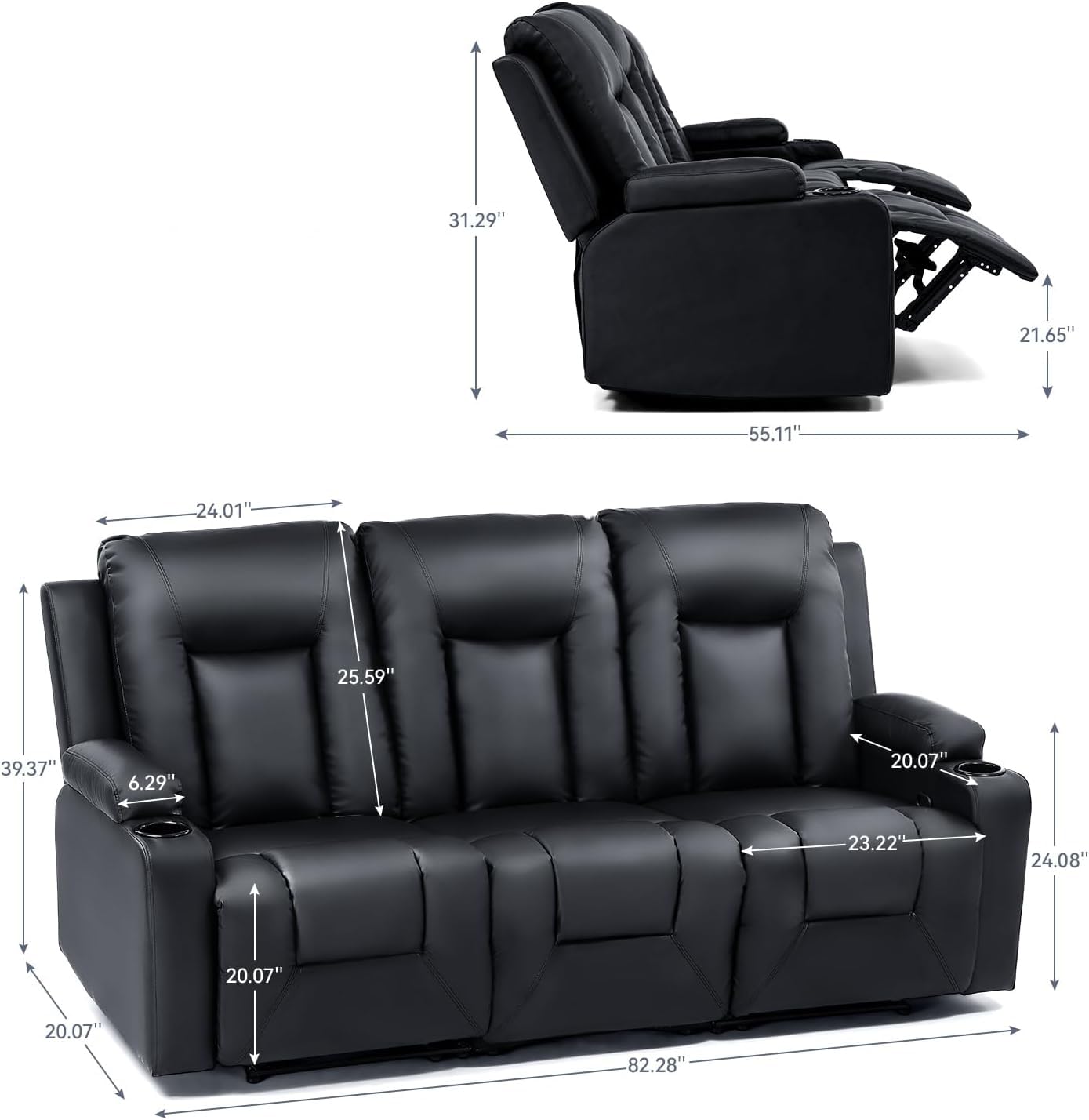 LUCKLIFE Leather Recliner Sofa Set with Manual Recliners,Living Room Furniture Set with Reclining Couch,Loveseat and Armchair,Living Room Chair with Cup Holders,Black (3+2+1)