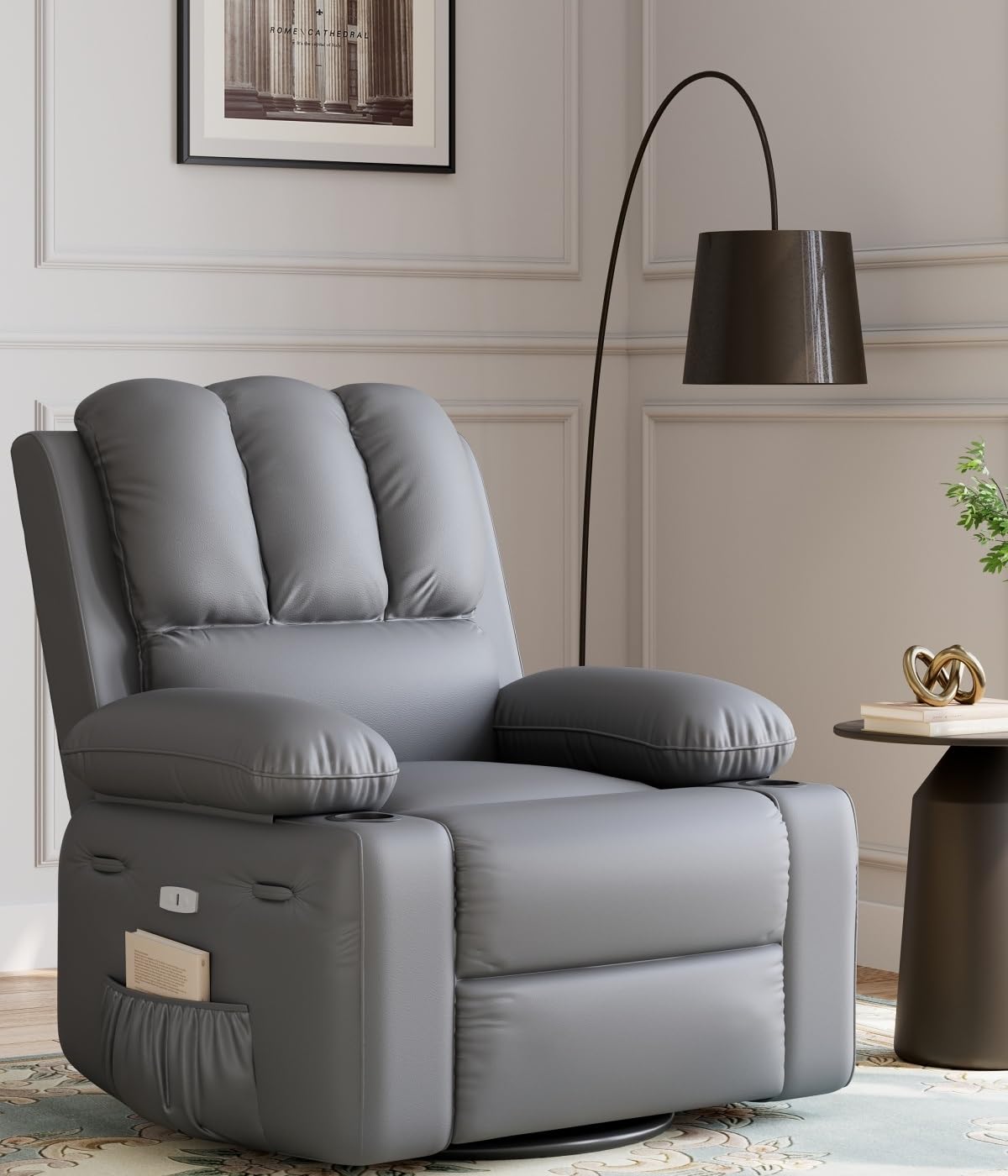 KYBOLT Power Recliner Chair for Adults with Massage and Heat, Swivel Oversized Leather Recliner Chair with USB Ports & Side Pockets for Living Room (22" Medium-Seat Width,Gray)