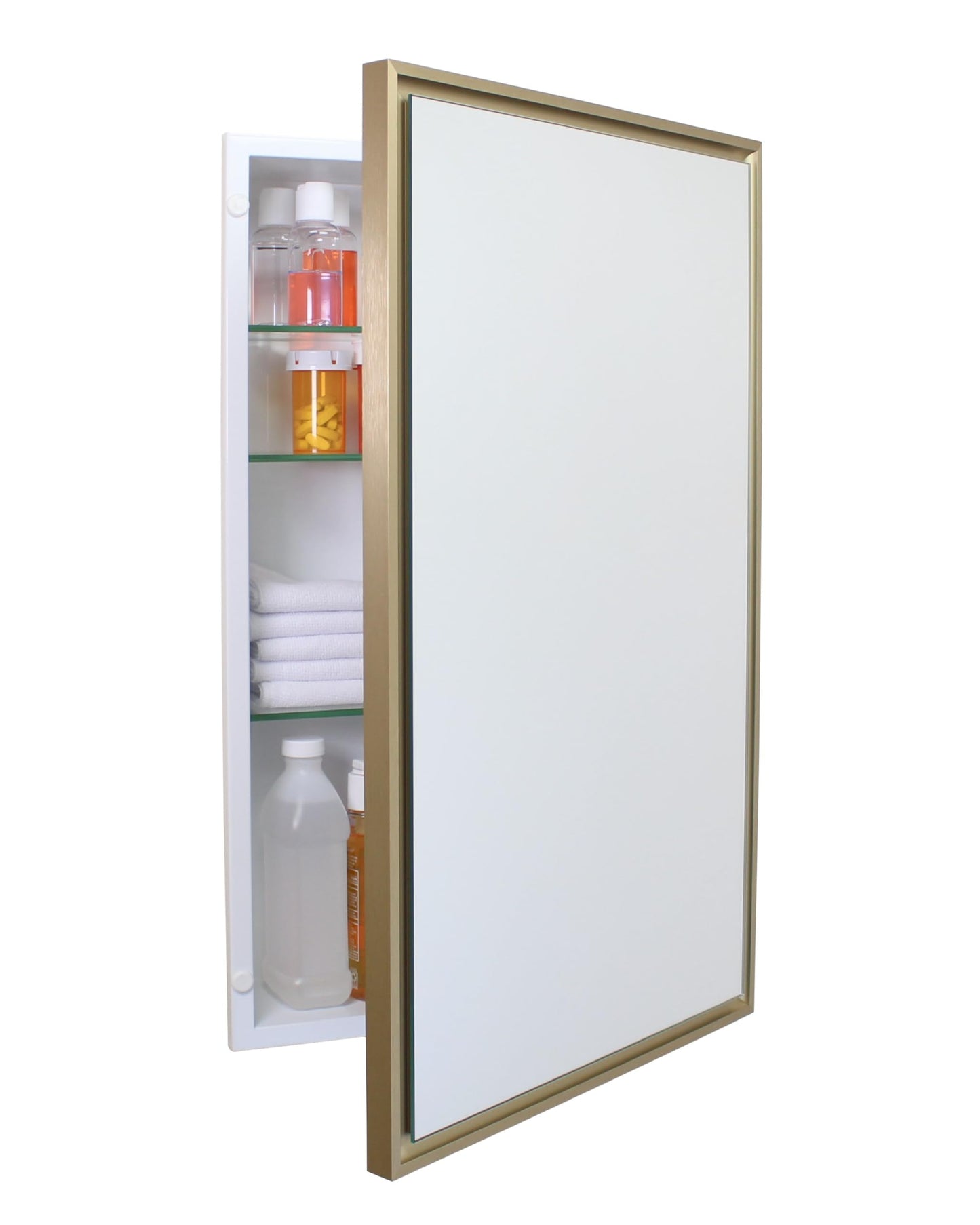Fox Hollow Furnishings 16x26 Parker Metro Metal Framed Rectangle Recessed Bathroom Medicine Cabinet, Floating Mirror, 14x24 in-Wall Opening, Steel, Adjustable Glass Shelves, Magnet Close, Gold