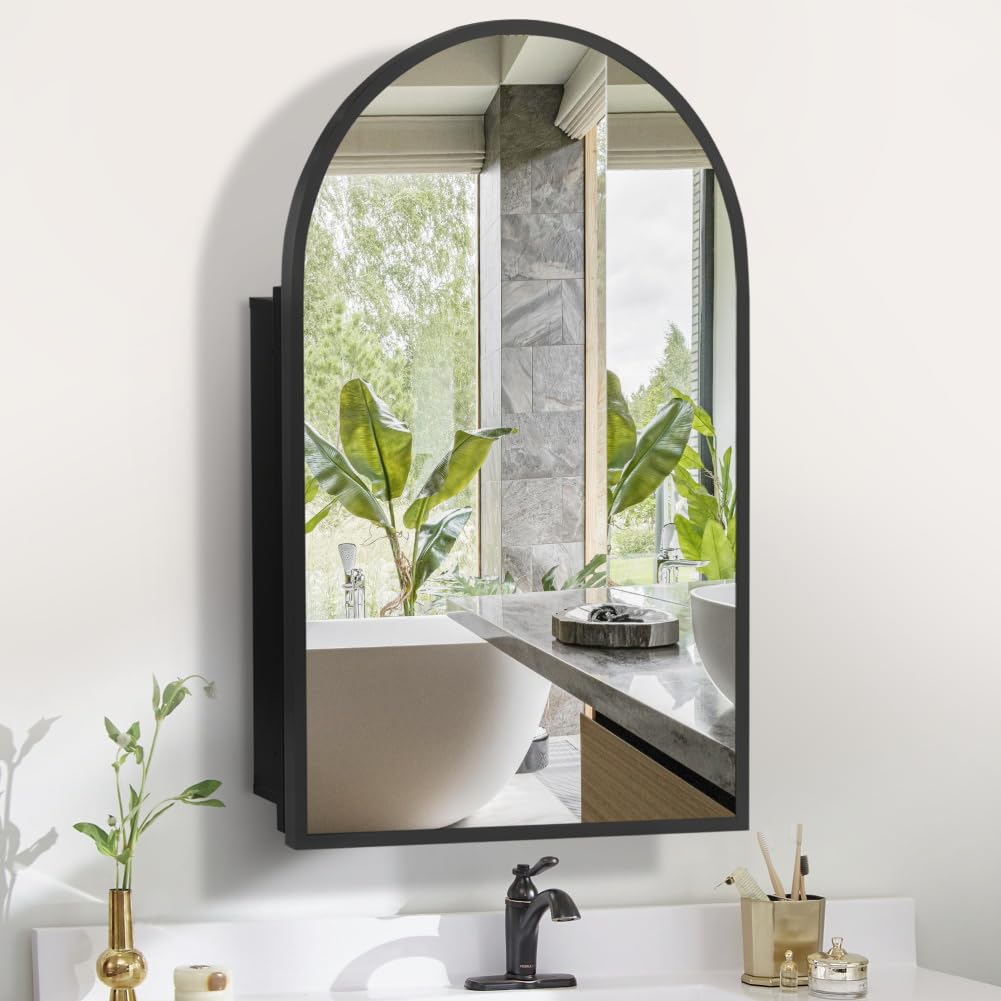 Movo 20 x31 Inch Arched Black Medicine Cabinet with Mirror,Metal Framed Wall Mounted,Recessed Medicine Cabinets for Bathroom,Bathroom Mirror Medicine Cabinet with 2 Removable Shelves