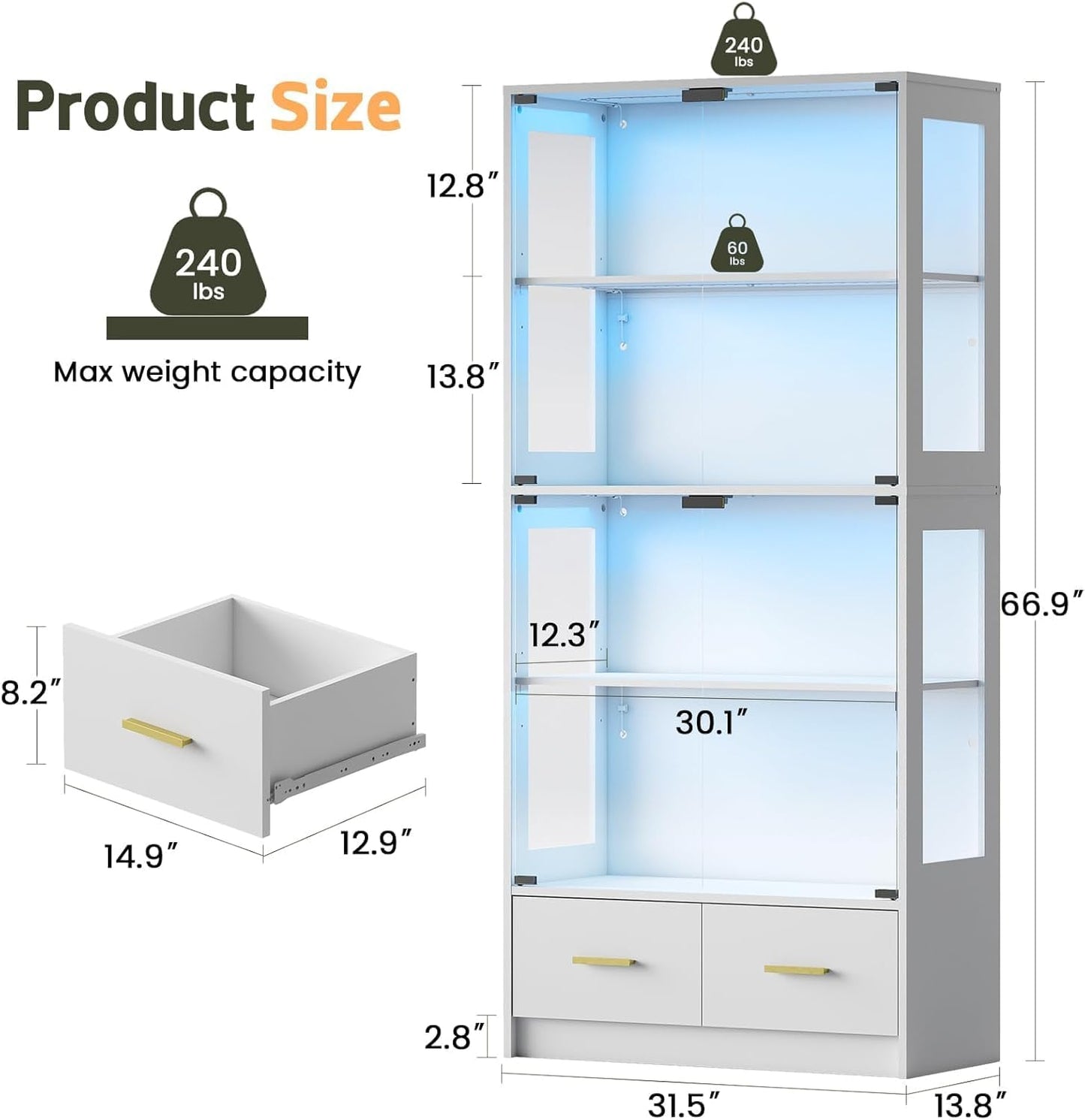 Lamtor Display Cabinet with Glass Doors - 67" Curio Cabinet for Collectibles with RGB LED Lights and 2 Drawers, 4 Tier Glass Display Case for Living Room, Office, White
