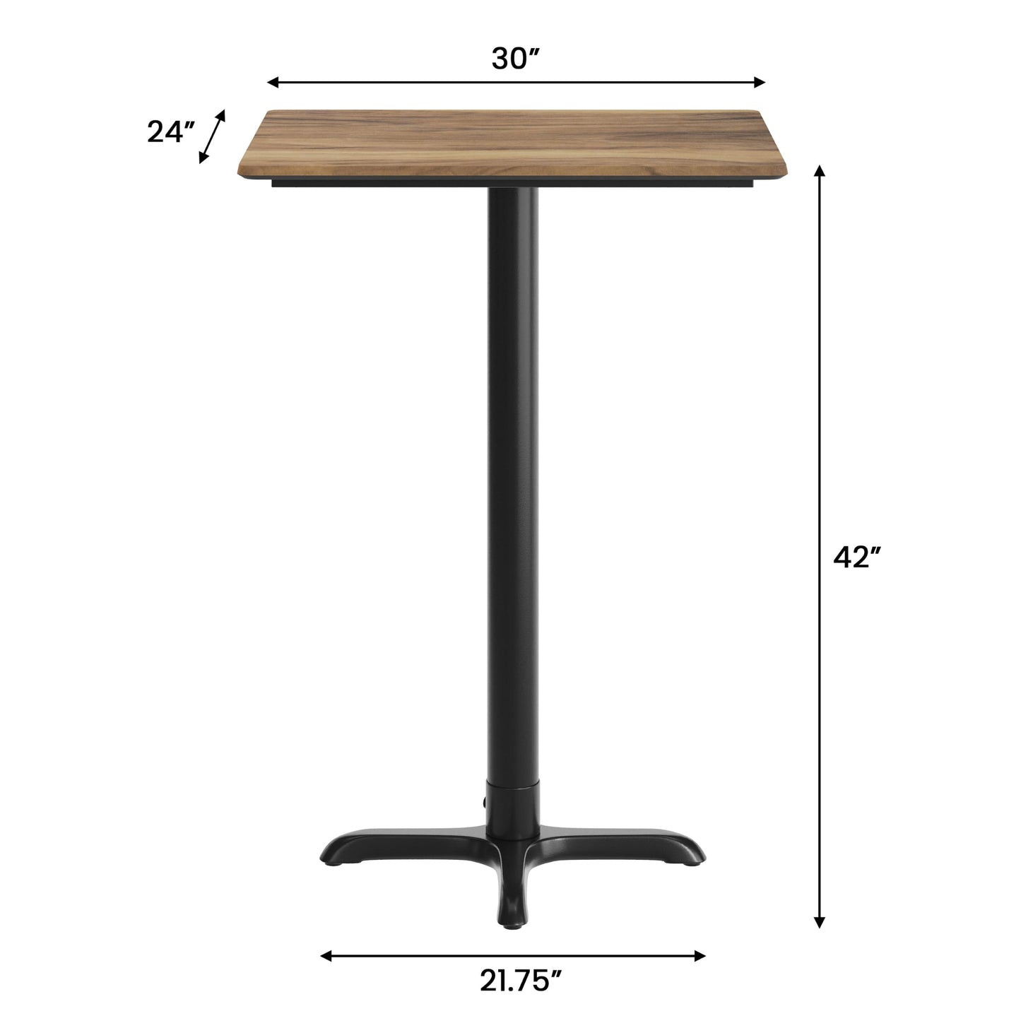 Flash Furniture TopGuard 30" x 24" Indoor Natural Tabletop with 22" x 22" Black Bar Height X Base, Seamless TopGuard HPL Top and Edge