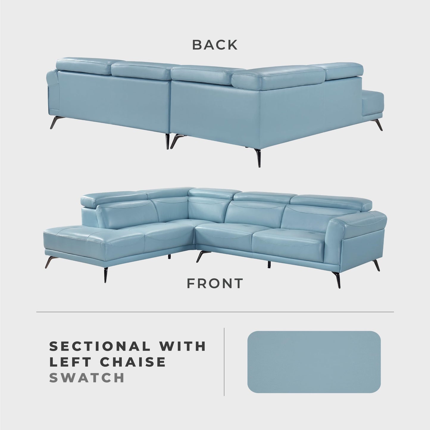 Lexicon L-Shaped Sectional Couch with Left Chaise, Top Grain Leather Match Sectional Sofa, Adjustable Headrests, Black Chrome Metal Legs, High-Density Cushions, Stitching, for Living Room, Blue