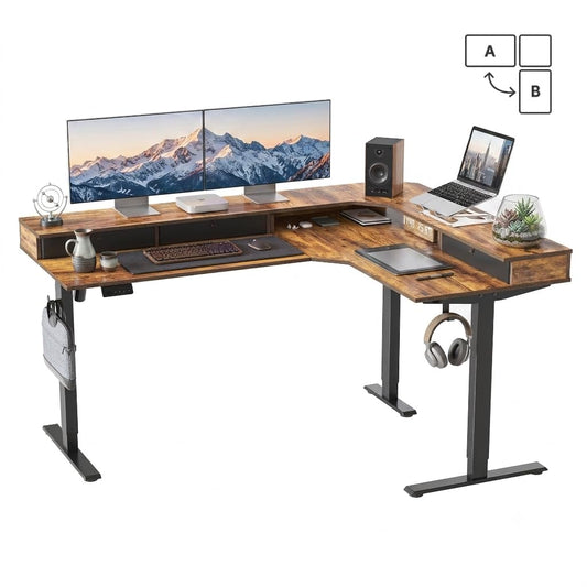 CubiCubi 63x48 Inches L Shaped Standing Desk with 3 Drawers and Monitor Shelf, Height Adjustable Corner Computer Desk with Hooks, Sit Stand Up Ergonomic Home Office Workstation Table, Rustic Brown