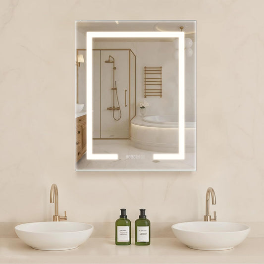 VEVOR Lighted Medicine Cabinet with Mirror, 24 x 30 in Recessed or Wall Mount, 3 Color Dimmable LED Bathroom Medicine Cabinet with HD Mirror, Clock, Adjustable Shelve Storage, Memory Defog Function