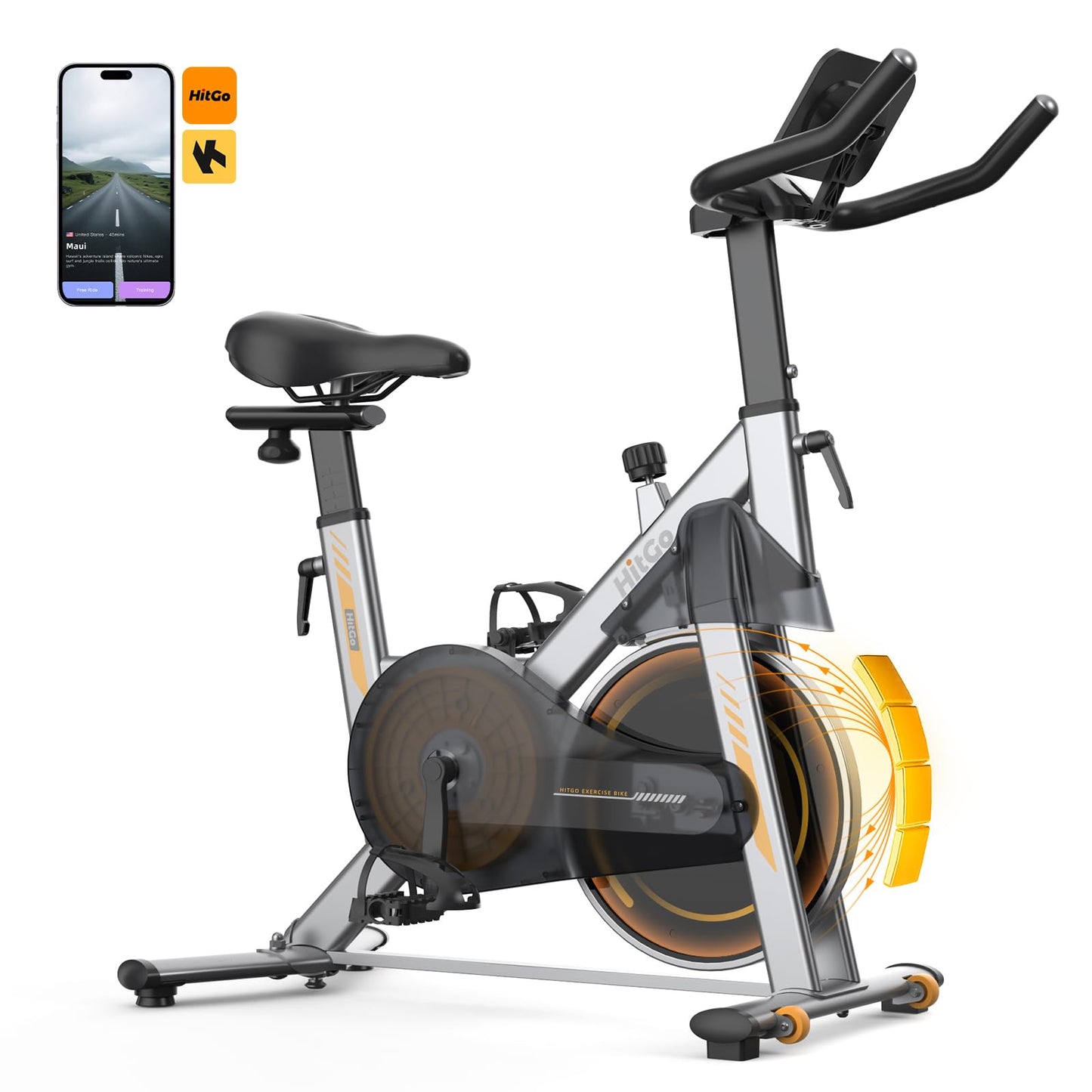 Hitgo Magnetic Exercise Bike for Home - Ultra Quiet Indoor Cycling Bike with Bluetooth App, 3kg Cast Iron Flywheel, Compact Stationary Bike for Apartment, 265lbs Weight Capacity, Silver