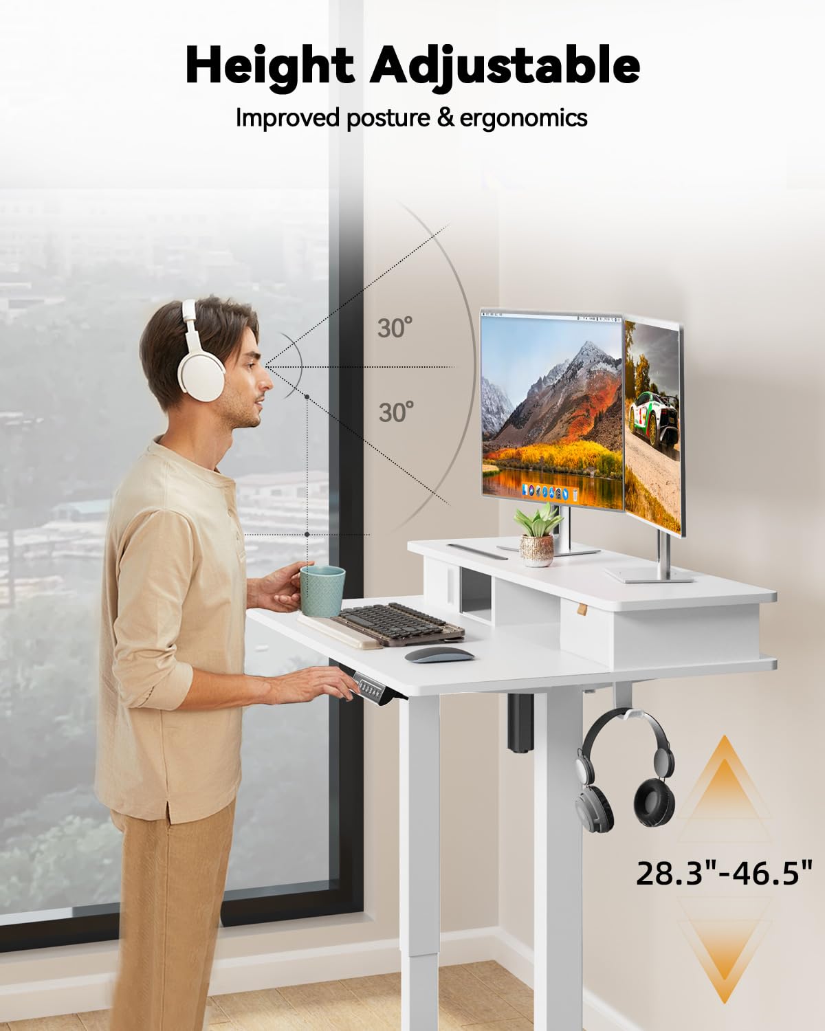 JOY worker Small Electric Standing Desk, 35" x 25" Height Adjustable Desk with Built-in Monitor Stand & Storage Drawer, White Sit Stand Table with 2 Hooks for Home Office