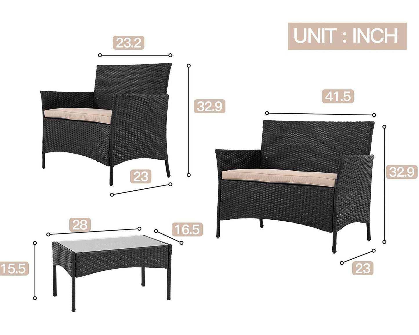 FDW Patio Furniture 4 Pieces Outdoor Indoor Use Rattan Chairs Wicker Conversation Sets for Backyard Lawn Porch Garden Balcony,Black