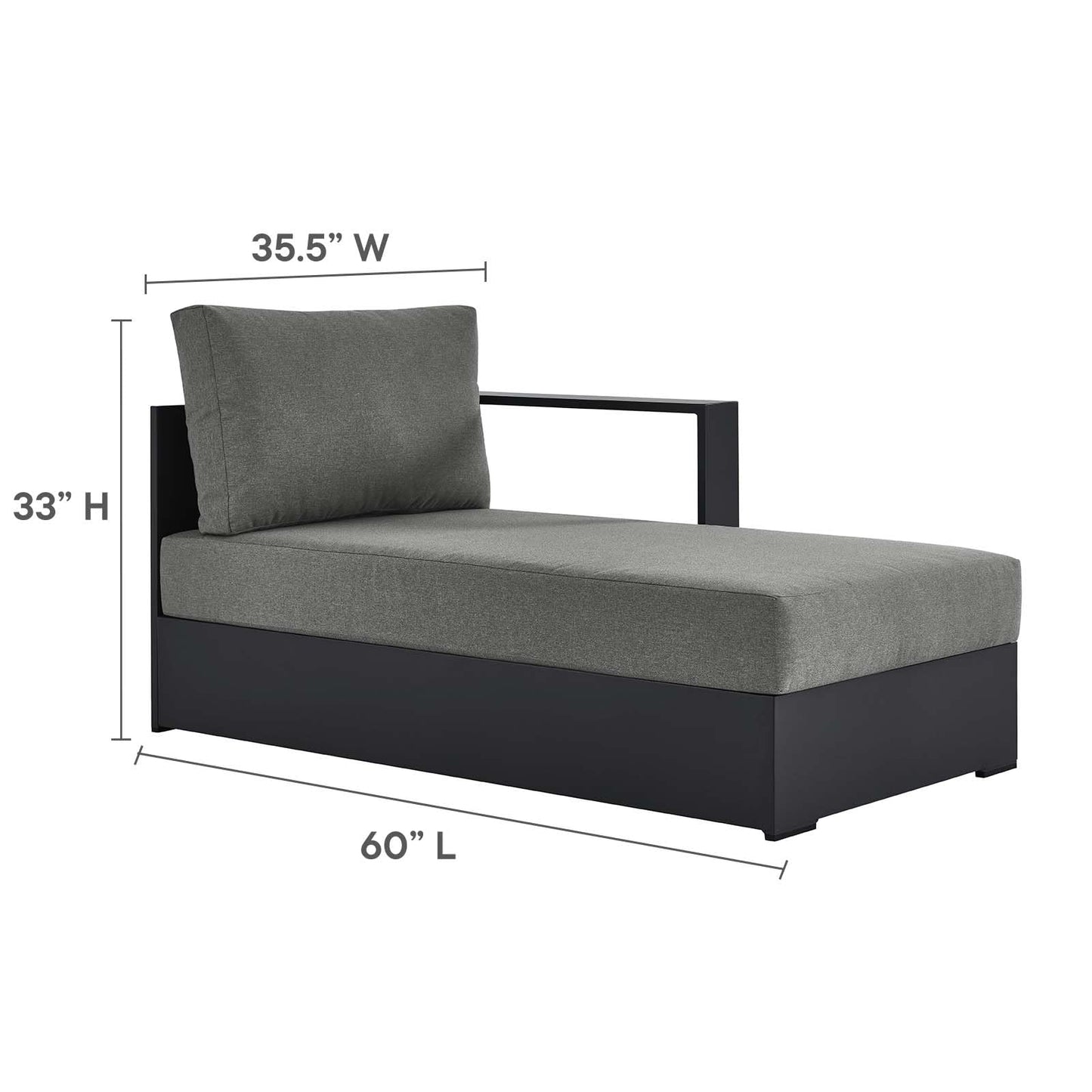 Modway Tahoe Powder-Coated Aluminum Outdoor Chaise Lounge in Gray Charcoal with Weather-Resistant Cushions, Modular Right-Facing Patio Lounger for Pool Furniture or Sectional Sofa Set
