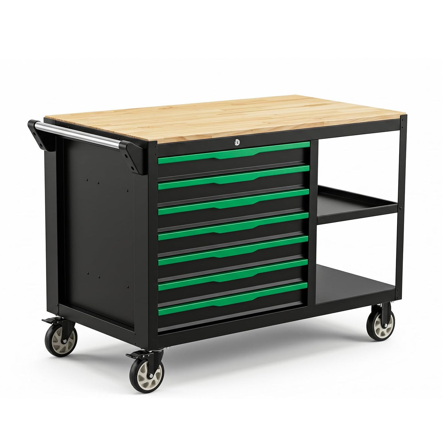 Griplier 7-Drawers Professional Tool Cart Cabinet,Rolling Tool Chest with Double Shelves,Wood Workbench,Brake Wheels,51.1W x 18.9D x 32.3H inches for Garage, Workshop, or Outdoor Use(7 Drawers)