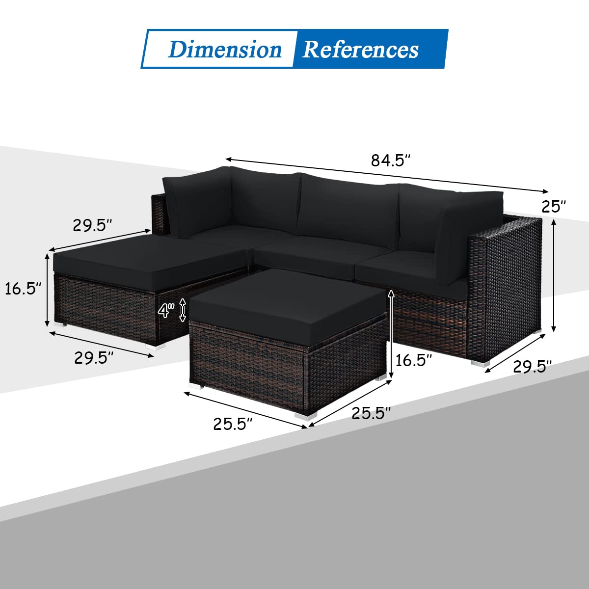 Tangkula 5 Piece Patio Rattan Furniture Set, Outdoor Sectional Rattan Sofa Set with Back & Seat Cushions, Wicker Conversation Set with Tempered Glass Table for Backyard Porch Poolside (Black)
