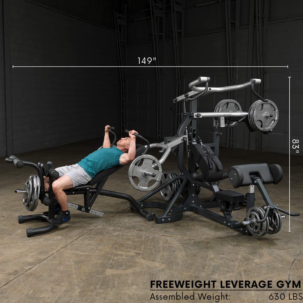 Body-Solid (SBL460P4) Free-Weight Leverage Gym with Squat Attachment and Olympic Leverage Flat Incline Decline Machine with Bench, Arm & Leg Strength Training Functional Exercise Workout Station