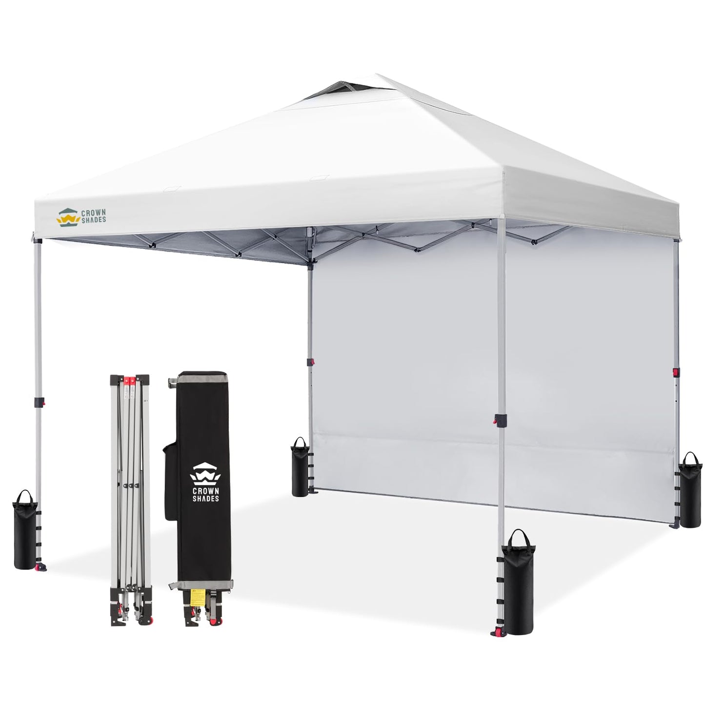 CROWN SHADES Pop Up Canopy with 1 Side Wall - Beach Tent with One Push Setup - Outdoor Sun Shade for Events, Parties, Camping - Gazebo with STO-N-Go Cover Bag, Grid White, 12x12FT