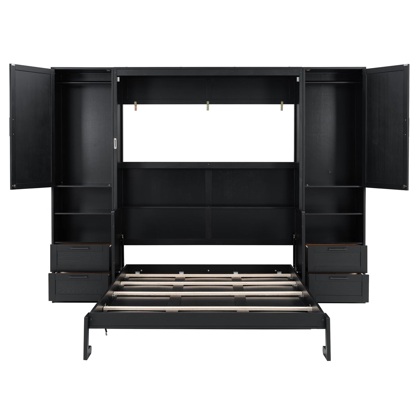 Merax Queen Size Murphy Bed with Desk, Closet, Drawers and Shelves, Fold into The Wall, Space-Saving Foldable Wood Platform Bed Frame for Small Spaces Studio Study Office Guest Room, Black(Oak Veneer)
