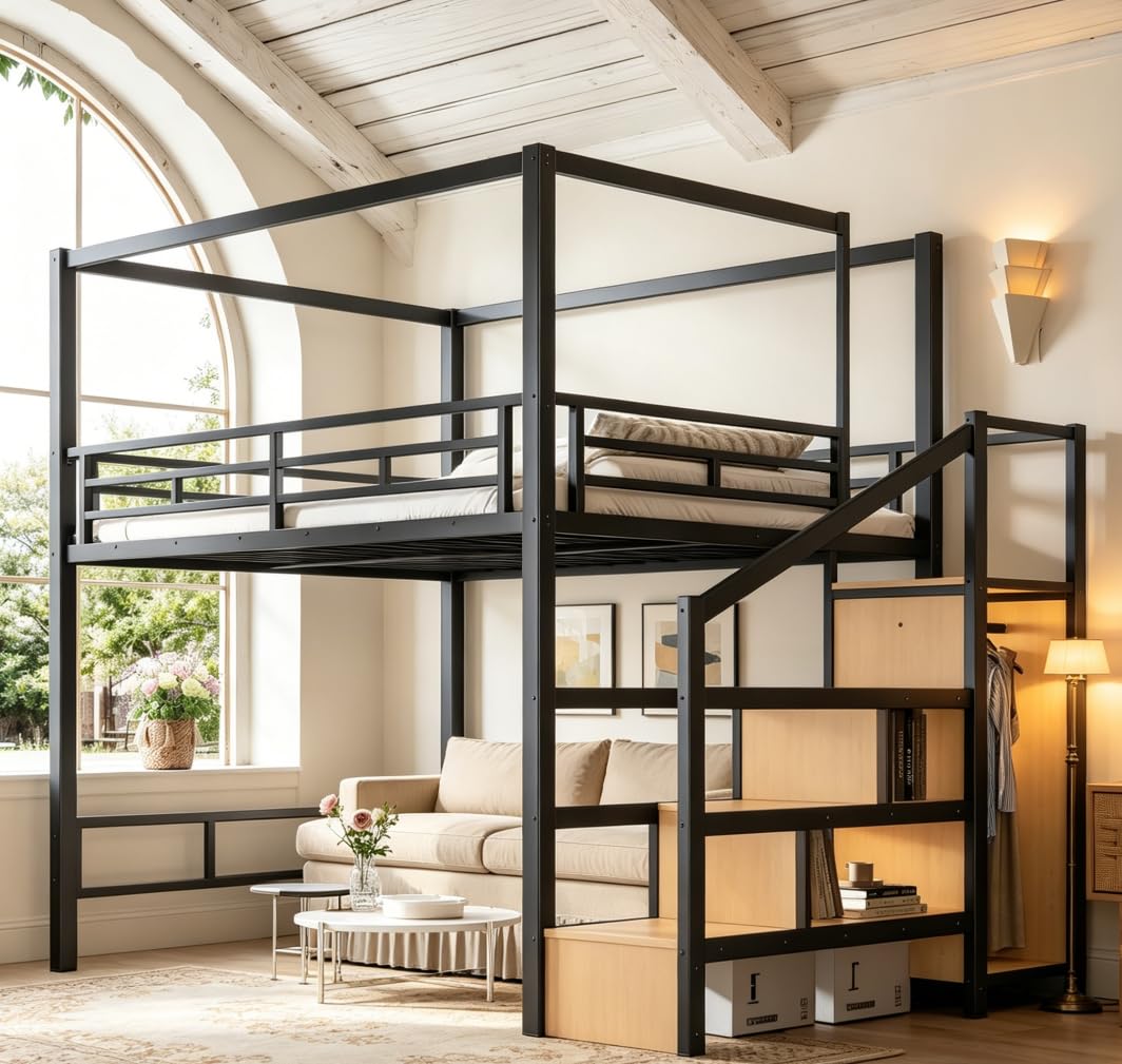 Bellemave Queen loft Bed with Storage Stairs, LED, Wardrobe, Canopy Support Pole, Metal Queen Loft Bed Frame for Adults, Kids, Teens, Canopy can be Disassembled, Black+Natural Wood