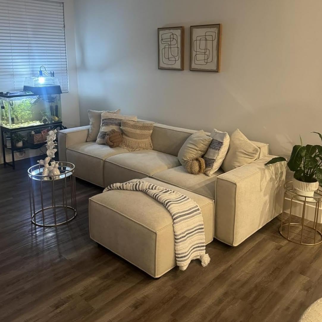 Acanva Luxury Modular Sectional Living Room Sofa Set, Modern Minimalist Style Couch with Ottoman and Chaise, L-Shape, Linen-Like Cream
