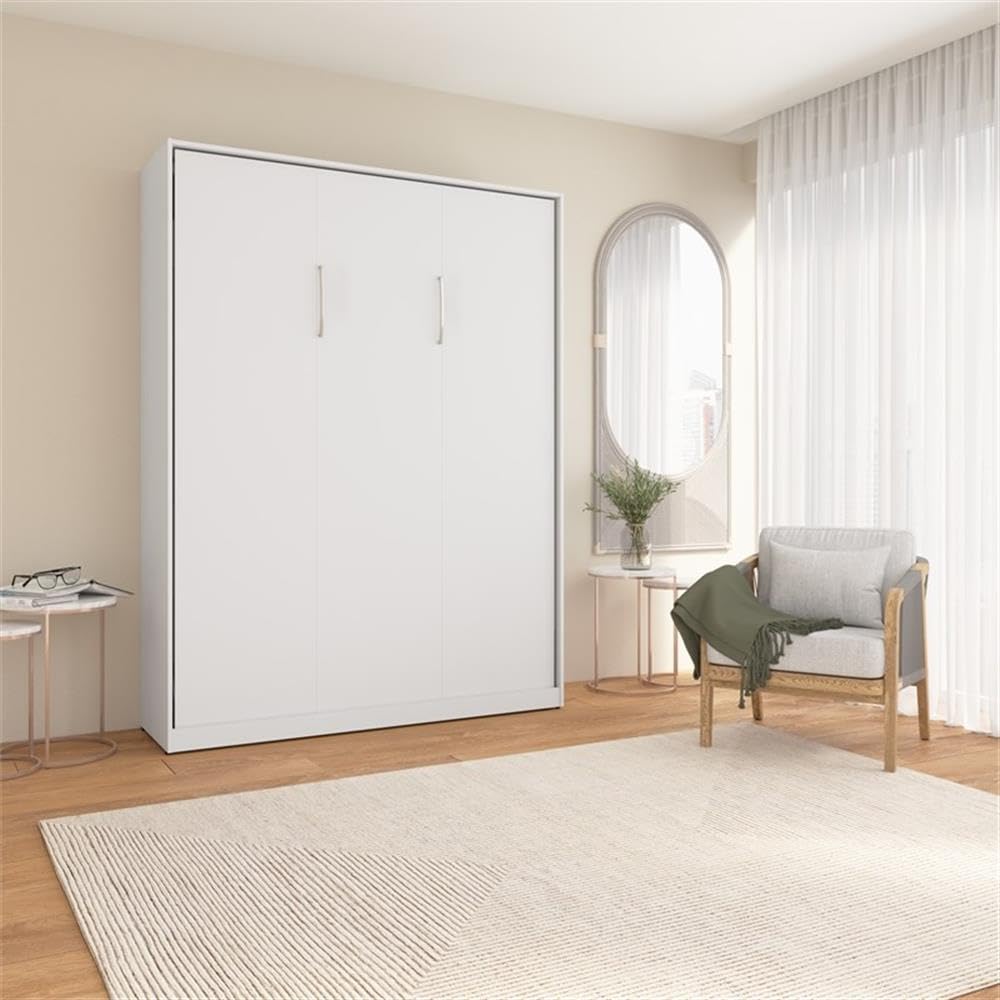 Pemberly Row Modern Queen Murphy Bed, Engineered Wood, White Finish, 85.63H x 64.41W x 91.16D, Dual Piston System, Fold Down Wall Bed, Space Saving Design, Bedroom Furniture