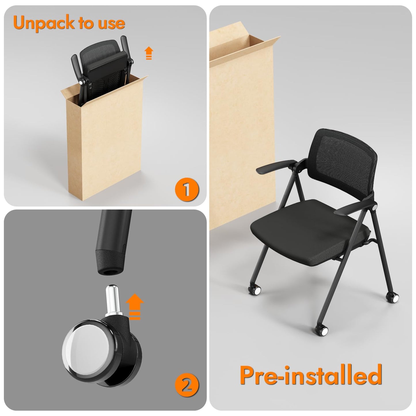 FYLICA Stackable & Foldable Office Chair Set of 2, Folding Desk Chair with Flip-Up Armrest, Breathable Mesh, Thick Seat Cushion & Rocking Backrest, Conference Room Chair with Wheel (Black)