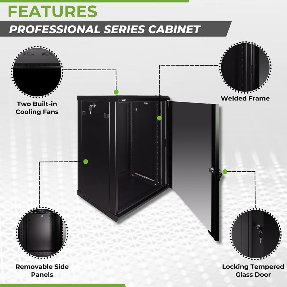 NavePoint 15U Server Rack Enclosure - 17.7” Deep, Wall Mount Network Cabinet with Locking Glass Door for 19” IT Equipment, Network Rack with 2 Fans, Removable Side Panels, Black