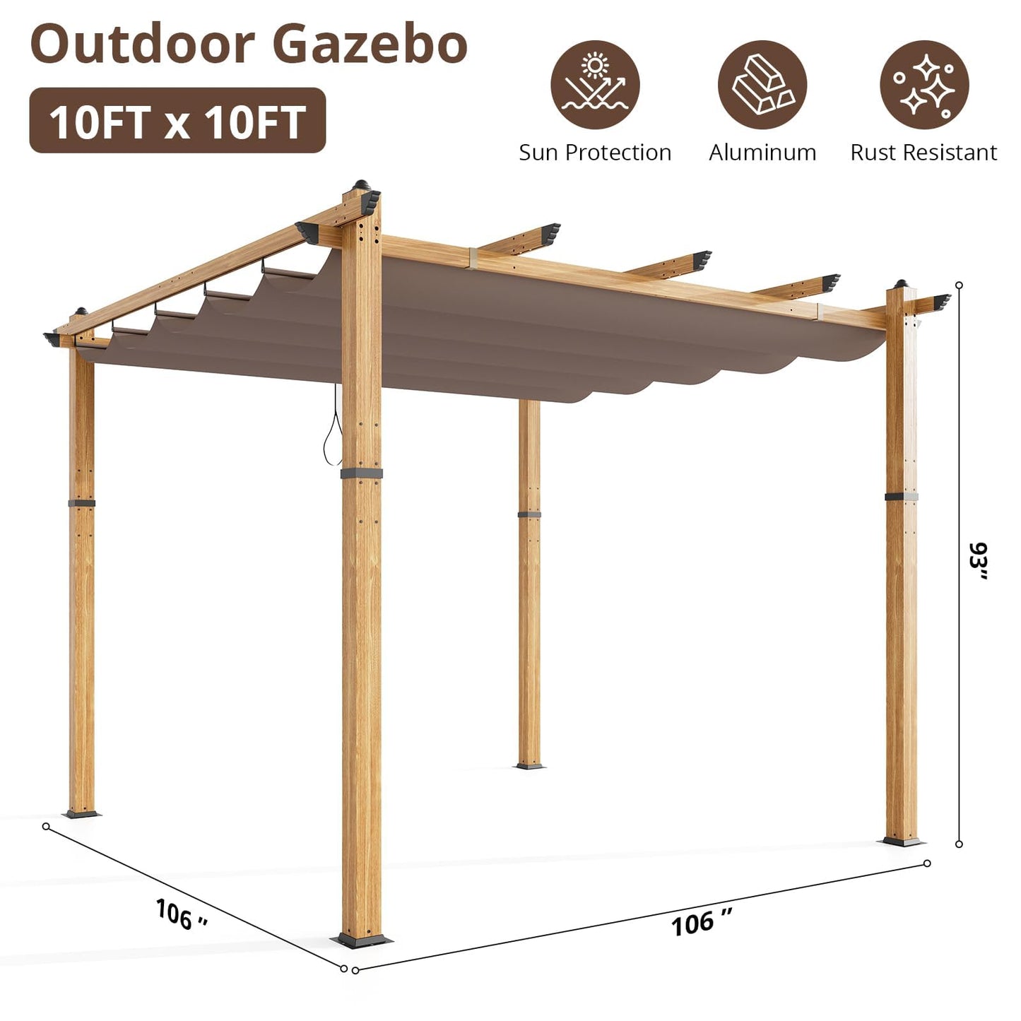 Modern 10x10FT Aluminum Pergola Outdoor Pergola Gazebo, Retractable Sun Shade, Faux Woodgrain, Pergolas for Patios, Deck, Garden, Easy Setup, All-Weather Trellis,Khaki, Imitation Wood Grain Column