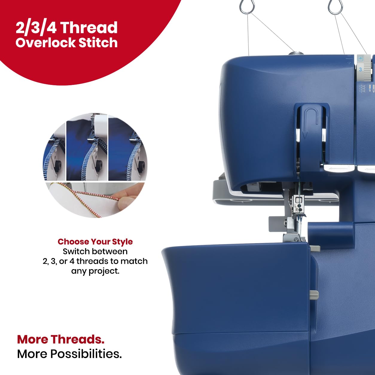 SINGER® S0230 Navy Blue Overlock Serger | 2/3/4 Thread Capability | 1300 Stitches/Min | Color-Coded Threading, Differential Feed, Free Arm, Accessories Included | Professional Seam Finishing