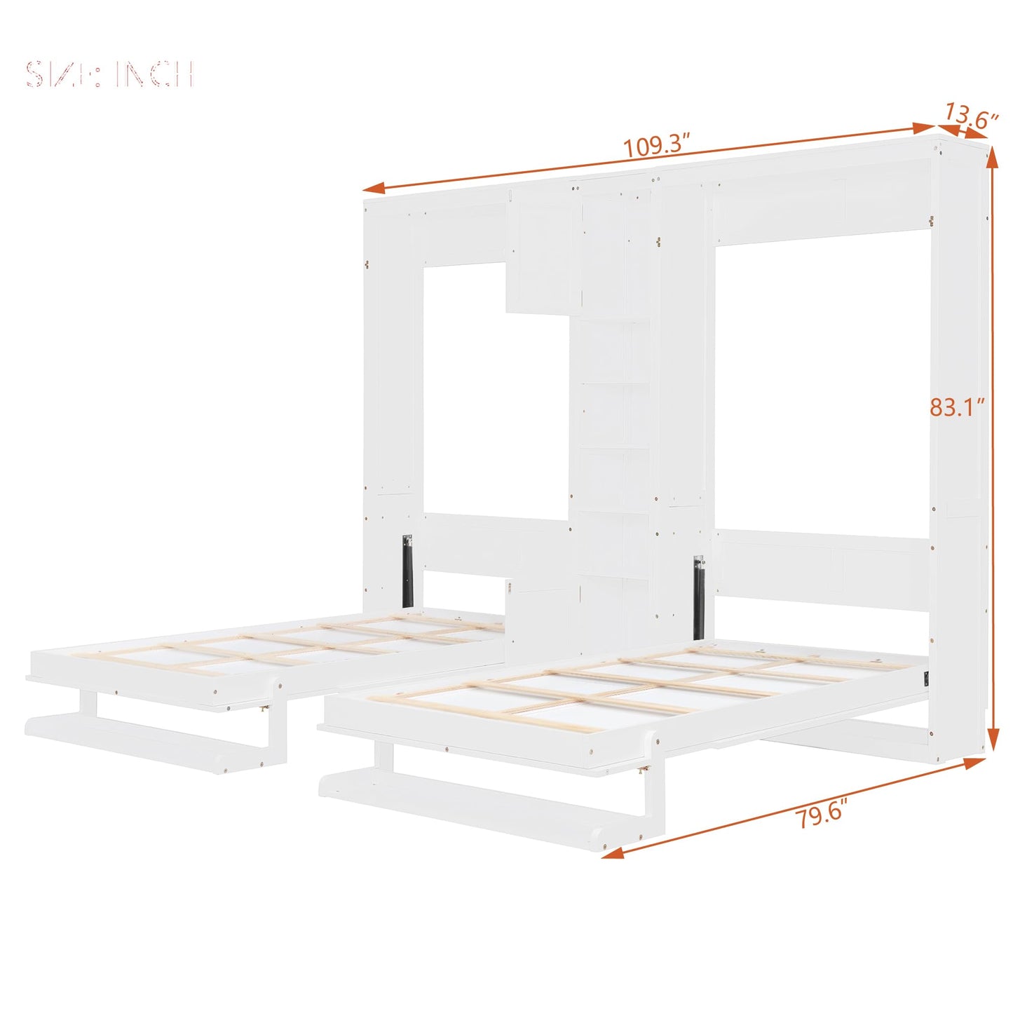 Merax Dual Twin Murphy Bed with Cabinets and Shelves, Space Saving Wall Bed with Storage, Foldable Twin Beds with Convertible Shelf Legs for Guest Room, Small Space, White