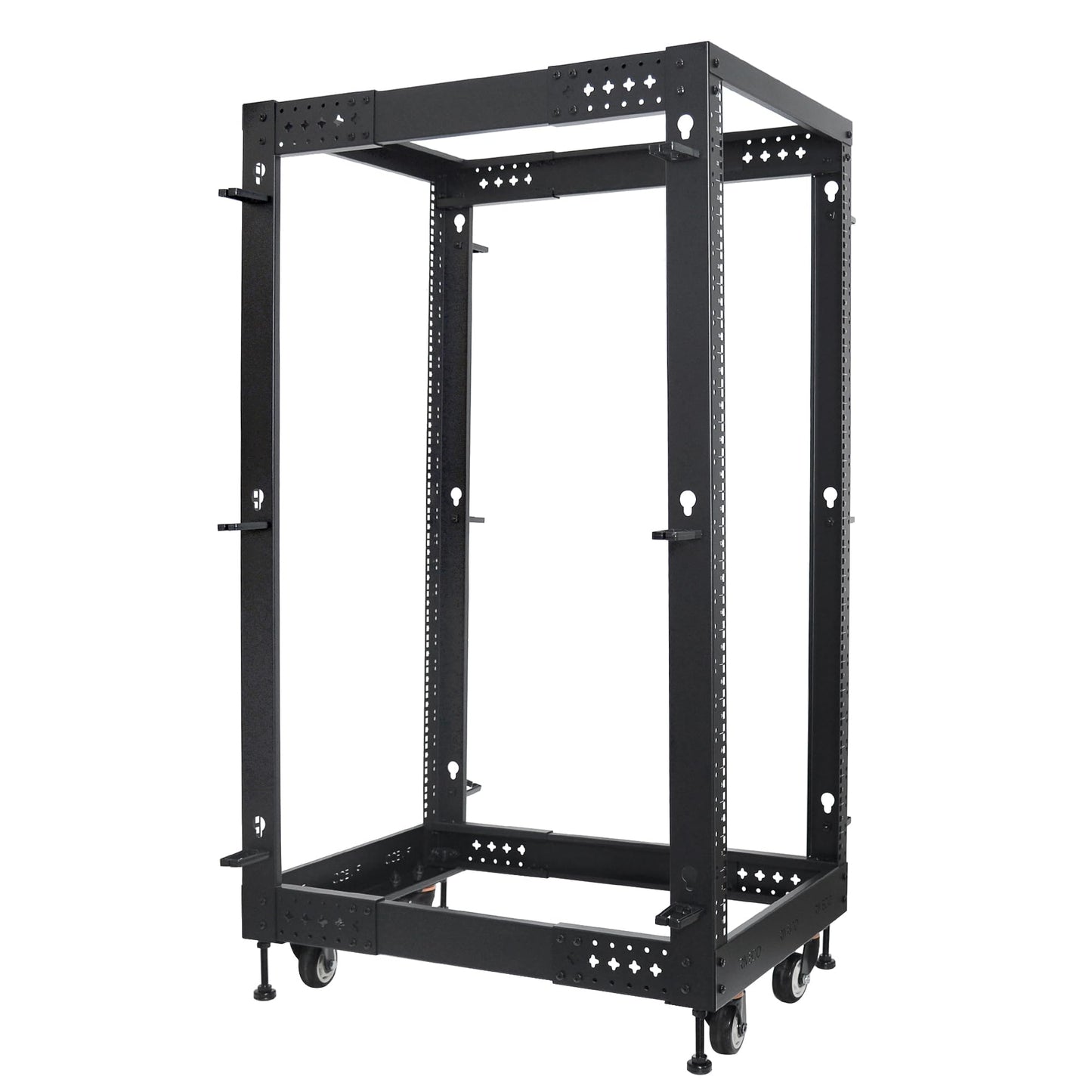 RIVECO 25U Server Rack Adjustable Depth Network 4 Post Cabinet Open Frame with Leveling Feet & Wheels Fully Rivets 1400 LBS