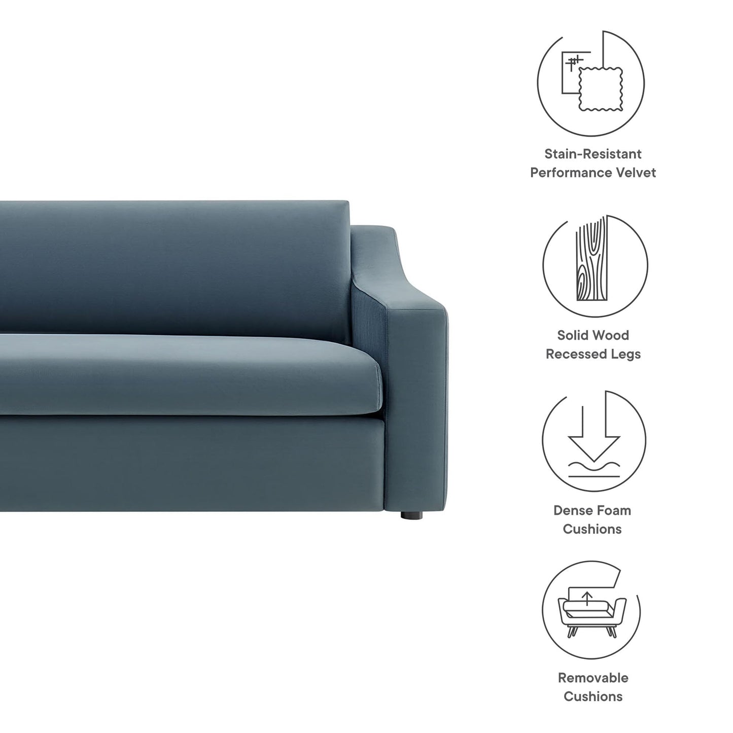 Modway Liora 87 Inch Stain-Resistant Performance Velvet Sofa in Cadet Blue - 3 Seater Upholstered Sofa Couch for Living Room Seating - Comfy Deep Seat Sofa with Scoop Arms