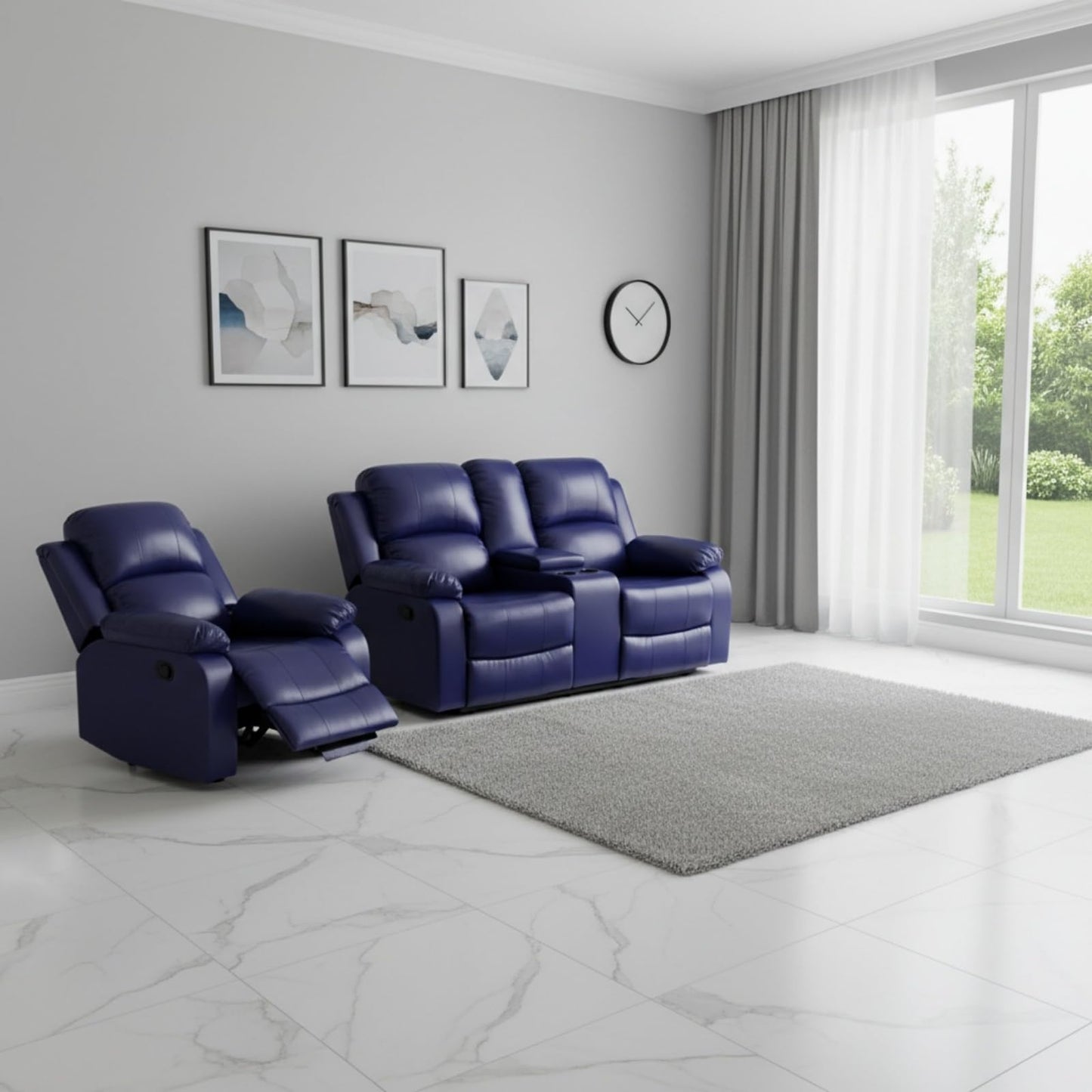 Trygoal Leather Recliner Sofa Set, Living Room Furniture Set, Adjustable Backrest Reclining Loveseat Sofa & Manual Recliner Chair, Comfortable Reclining Seats for Home Theater, Apartment, Dark Blue