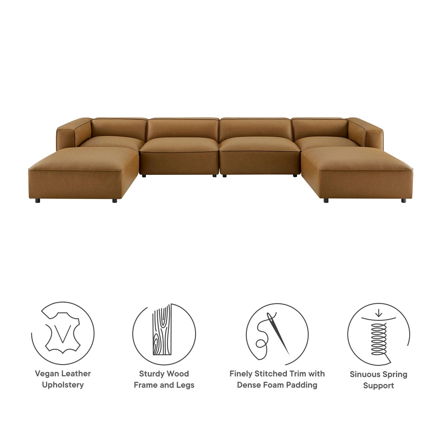 Modway Auren Vegan Leather 6 Piece Modular Sofa in Camel - Faux Leather 4 Seater Sectional - Comfy Modern L Shaped Sofa - Oversized Mid Century Modern Couch for Living Room