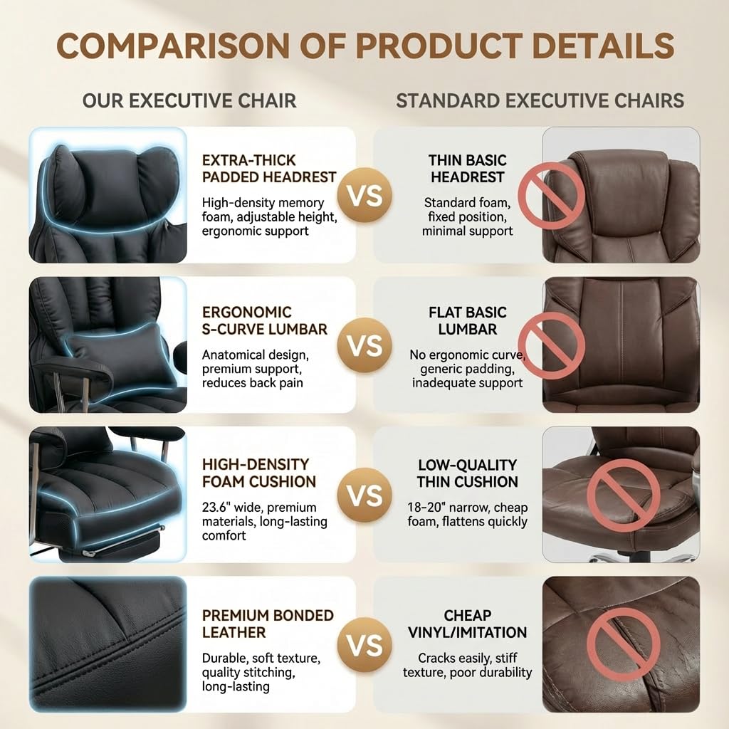 Efomao Big & Tall Office Chair with Footrest, High-Back Leather Executive Desk Chair with Lumbar Support and Padded Armrests, Black