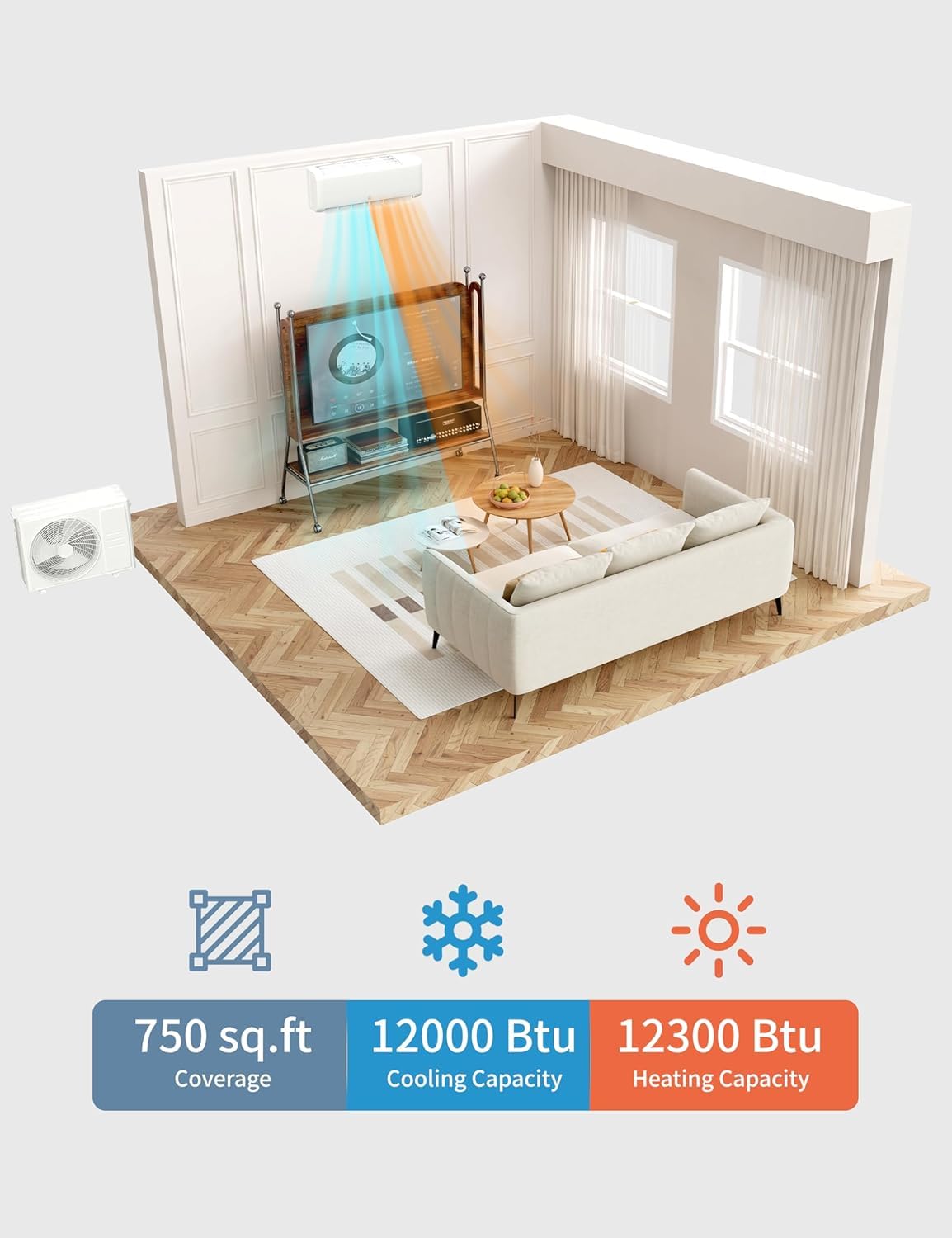 Garvee 12,000 BTU Mini Split Air Conditioner with Heat Pump, 22 SEER, Cools Up to 750 Sq. Ft, Inverter AC with Installation Kit & Remote, Ductless AC Unit with Pre-Charged Condenser, 230V, White