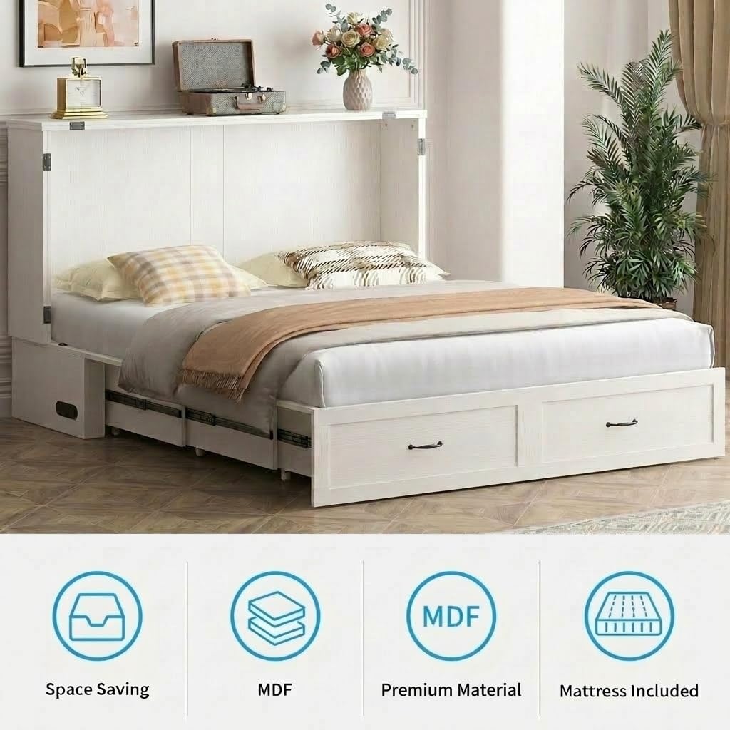 Mjkone Murphy Bed, Cabinet Beds Queen Size with Mattress Included, USB Charging Port, Drawer, Space Saving Queen Murphy Chest Bed, Hidden Cabinet Guest Wall Beds for Bedroom, Apartment, White
