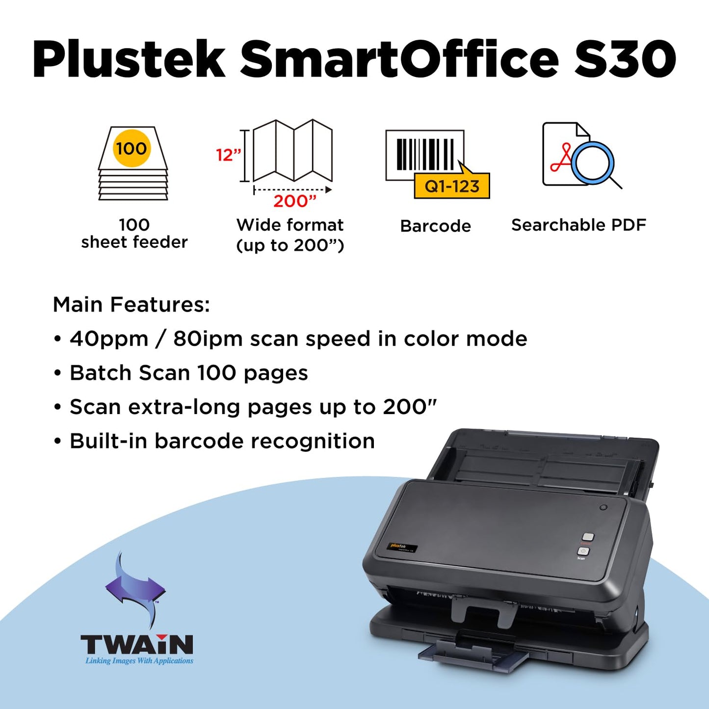 Plustek Wide-Format Color Duplex Document Scanner S30, for Large-Format Document Scan, Scans Wide Up to 12" and Long Up to 200", 100-Sheet Duplex Auto Document Feeder