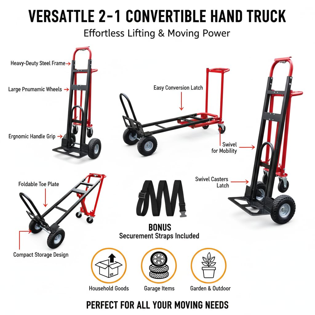 Suzhi Convertible Hand Truck Dolly Cart Heavy Duty/with 4 Wheels,Industrial Grade,1000 Lbs Load, 2 Straps for Moving Furniture/Appliance/Carton/Warehouse/Office / 10 Minutes' Install as Video