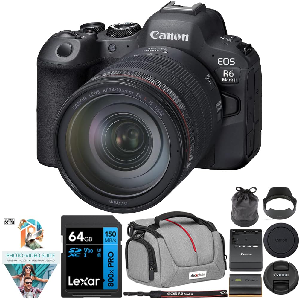 Canon R6 Mark II Full-Frame 24.2 MP Mirrorless Camera with 24-105mm USM Lens Kit Bundle w/Lexar Premium PRO Blue Series 64GB SDXC Memory Card + Deco Essentials Camera Bag + Corel Photo Video Suite