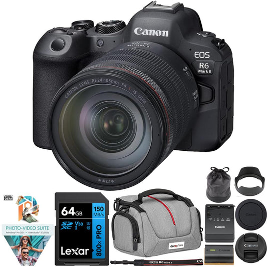 Canon R6 Mark II Full-Frame 24.2 MP Mirrorless Camera with 24-105mm USM Lens Kit Bundle w/Lexar Premium PRO Blue Series 64GB SDXC Memory Card + Deco Essentials Camera Bag + Corel Photo Video Suite