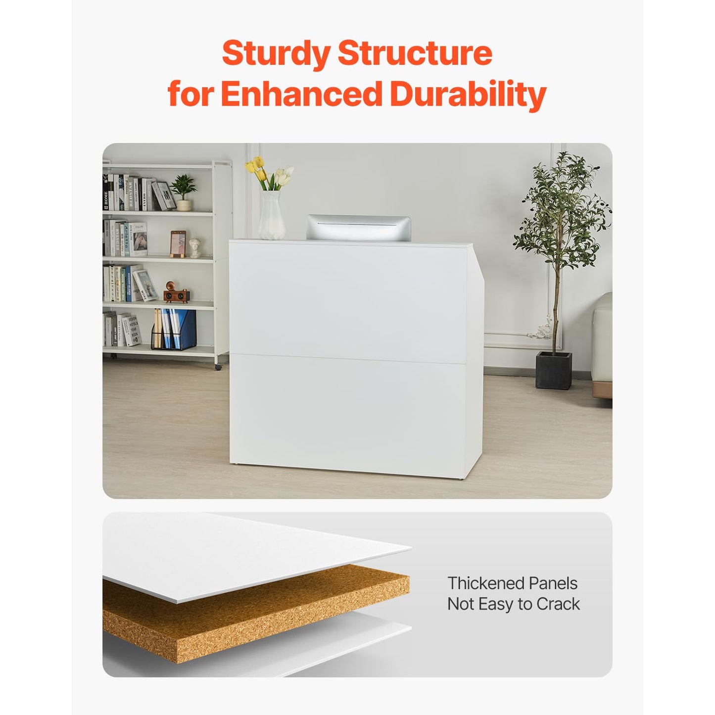 Reception Desk, 46 Inch Rectangular Front Counter Table, Office Reception Desk, Retail Counter and Front Reception Counter, for Checkout, Lobby, Beauty Salon and Office, White Sturdy & Reliable Cons