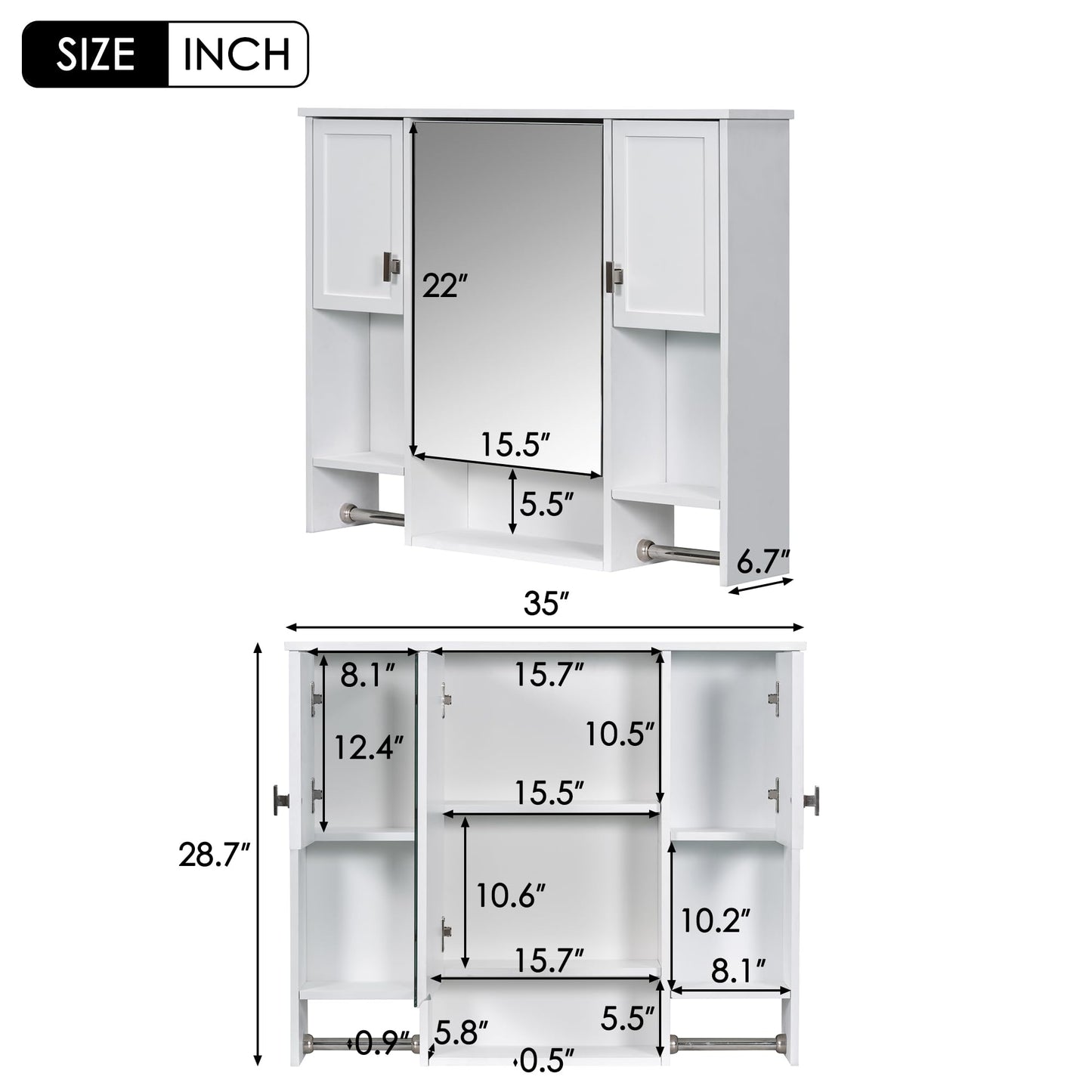 Merax Medicine Cabinet with Mirror, Wall Mount Bathroom Cabinet 35" x 28" Over Toilet Storage Cabinet Organizer with Doors, Open Shelves, and Towel Bars, Mirrored Bathroom Wall Cabinet