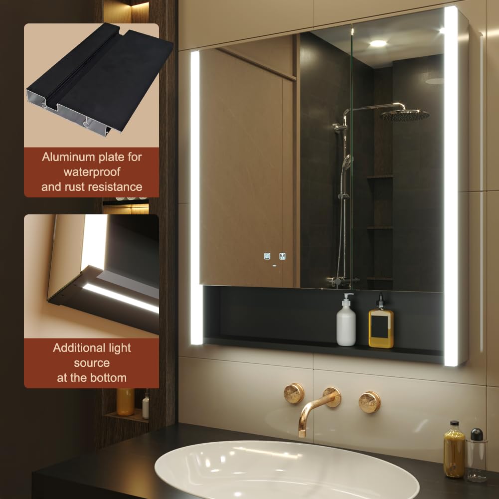 KWW LED Lighted Bathroom Medicine Cabinet with Sockets & USBs, Defogger, Dimmable, 3 Color Light Makeup Mirror, Easy to Install, Wall Mounted Cabinet (2 door-31 * 34)