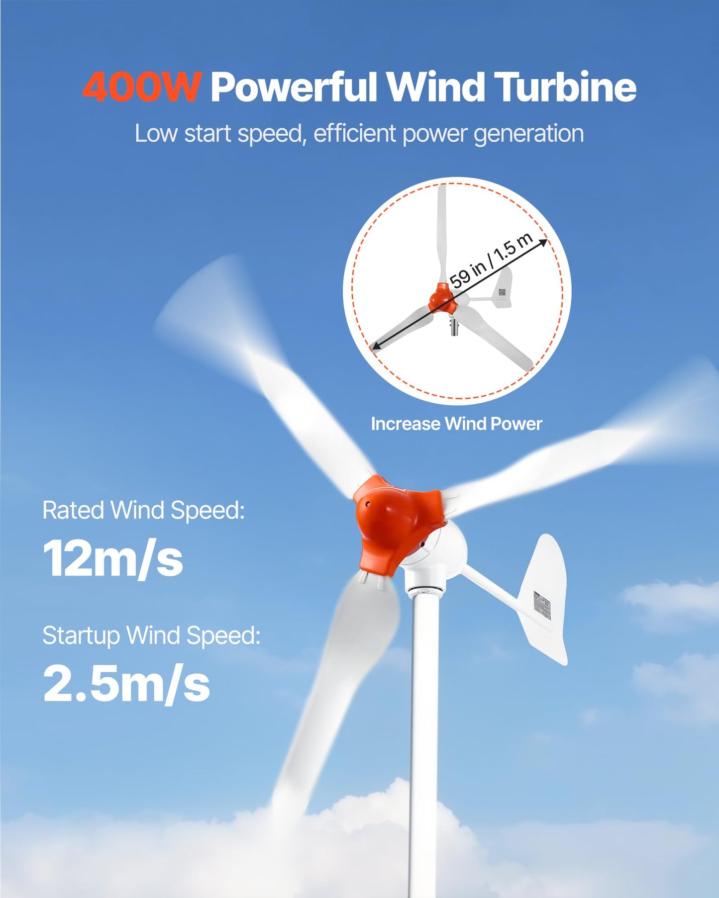VEVOR 24V 1000W Solar Wind Power Kit, 6*100W Solar Panel + 400W Wind Turbine + 25.6V 100Ah LiFePO4 Battery + 3000W Power Inverter + MPPT Wind/Solar Hybrid Controller for Home Boat Cabin Farm Off-Grid