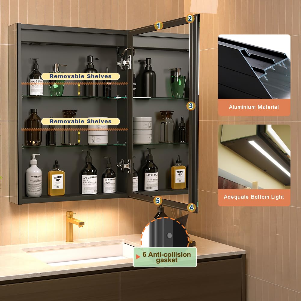 GANPE LED Lighted Bathroom Medicine Mirror Cabinet with Sockets & USBs, Anti-Fog Dimmable Light and Color Adjustment, Easy to Install Aluminum Cabinet (20 * 28 Right Hinge)