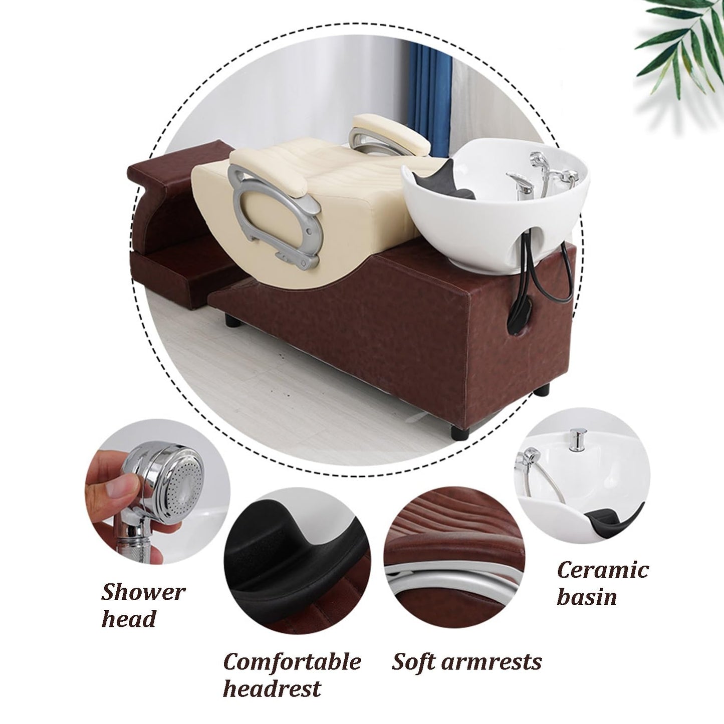 Dexinhdh Shampoo Barber Classic Chair, Shampoo Backwash Unit with Separate Footstool, Stretch Shower Head, Ceramic Shampoo Bowl Sink Chair for Spa Beauty Barbershop(E)
