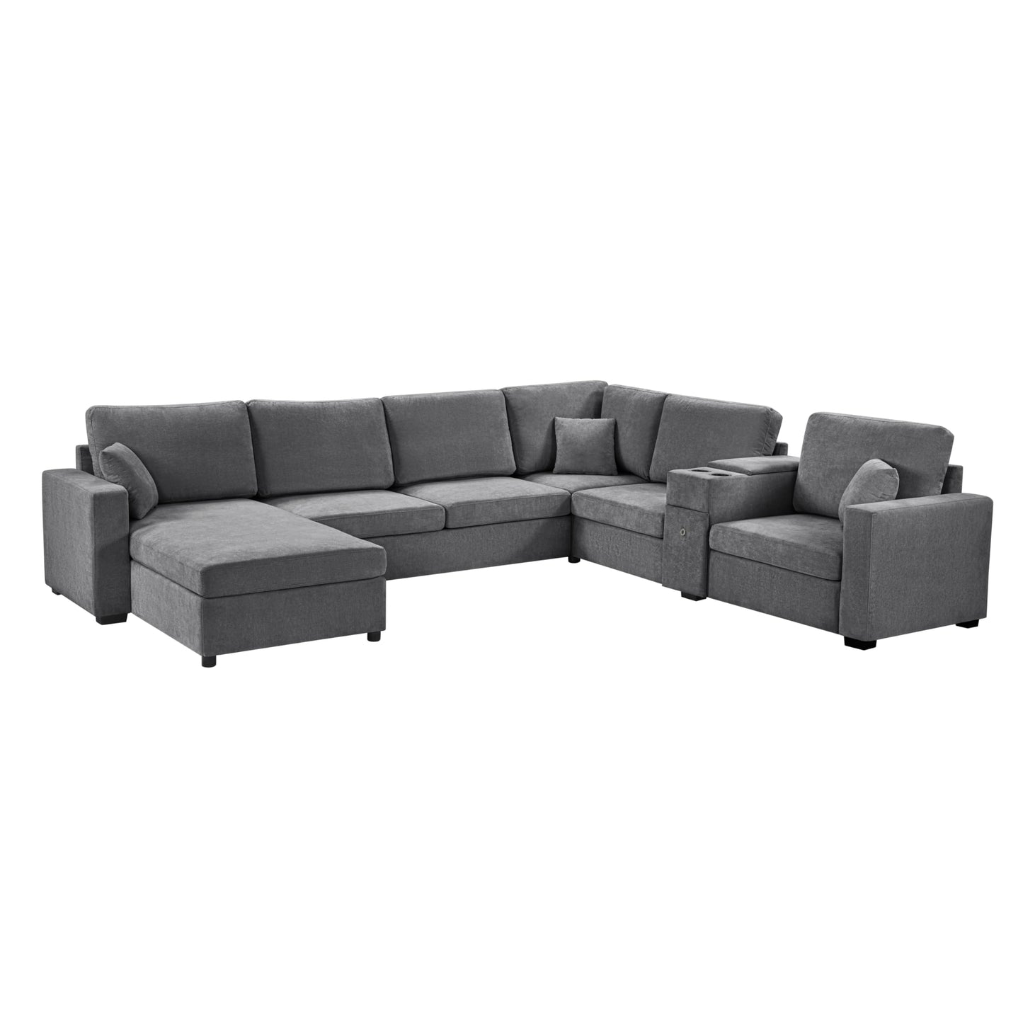 Merax Modern Oversized U-Shaped Sectional Sofa with Piollows & Chaise Lounge, Chenille 5-Seat Couch Set Sleeper Bed with Cup Holders, Storage Drawer for Living Room, Easy Assemble, Gray