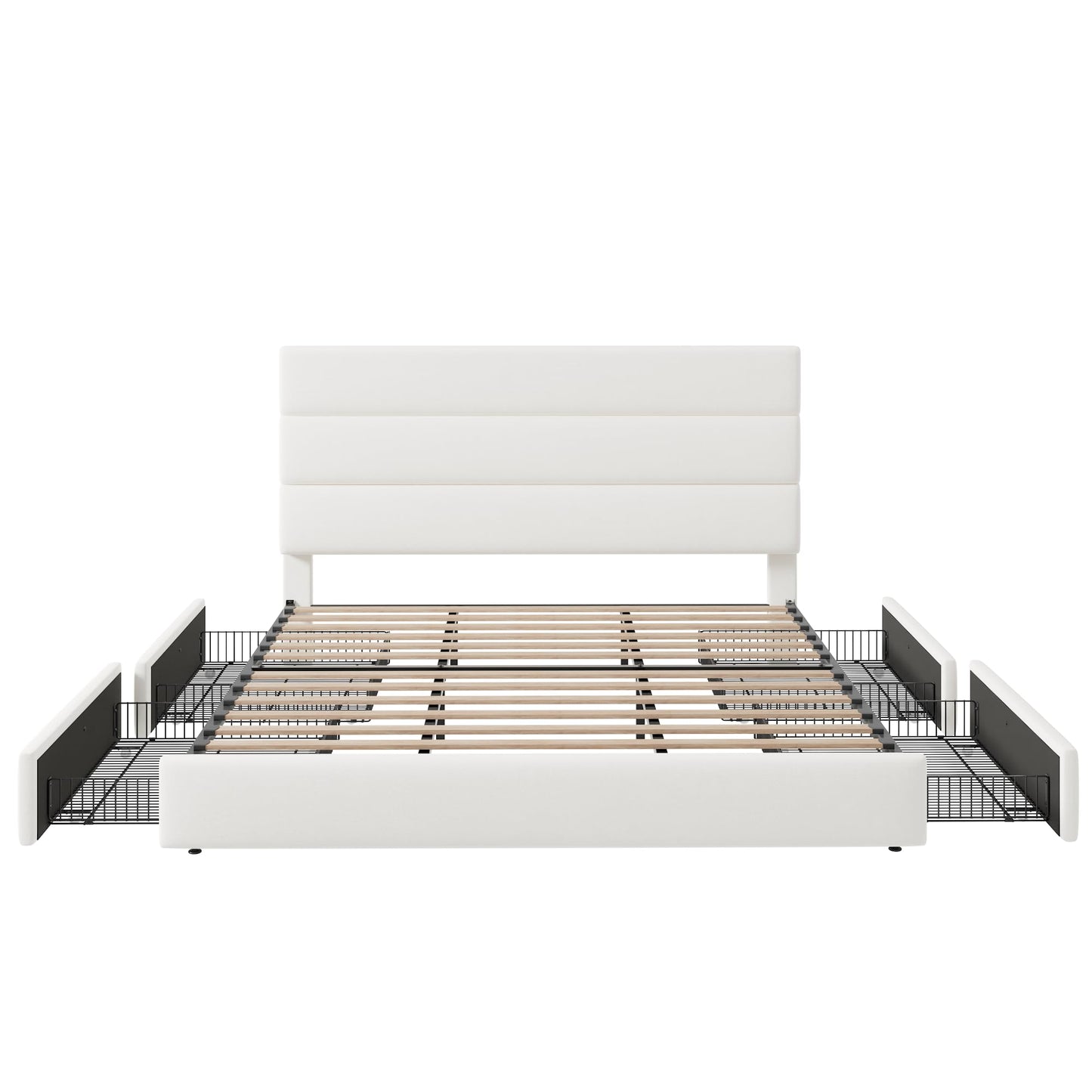 Allewie Modern King Size Platform Bed Frame with 4 Storage Drawers and Velvet Upholstered Headboard, Wooden Slats Support, Upholstered Mattress Foundation/No Box Spring Needed/Easy Assembly, White
