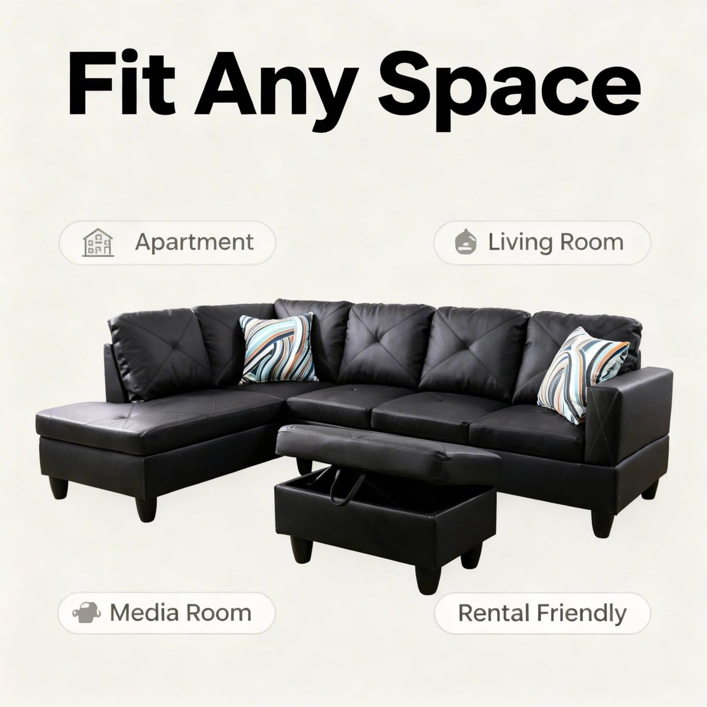 Trygoal L-Shape Sofa with Storage Ottoman, Leather Sectional Couch with Left Chaise, Modern 3-Piece Sofa Set for Living Room, Upholstered Couch Set with Solid Wood Frame for Apartment, Loft, Black