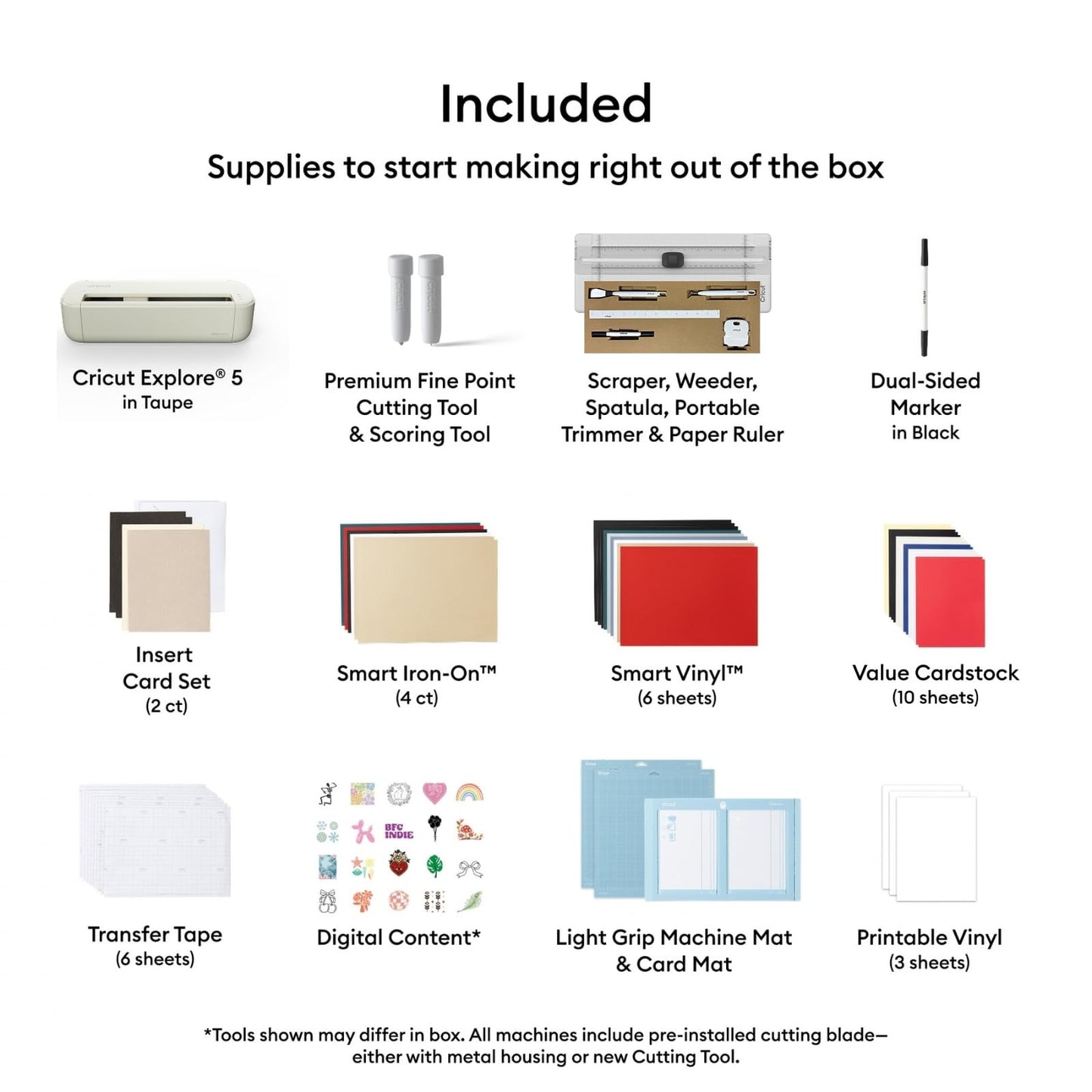 Cricut Explore 5 Multicolor Essential Bundle with EasyPress 9x9 - All-in-One Kit for Stickers, T-Shirts & Custom Apparel - Includes Multicolor Smart Vinyl & Iron-On, Heat Press & Card Supplies