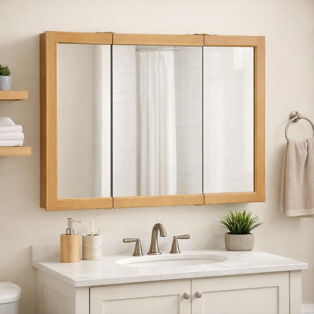 Design House Richland Medicine Cabinet, Fully Assembled, Wall Mounted, 3 Mirrored Doors, Wood Frame, Oak Finish, 36 in x 4.75 in x 30 in, 530576-NOK